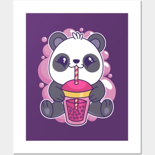 Baby Panda Drinking Bubble Tea Cute Kawaii Bear Posters and Art